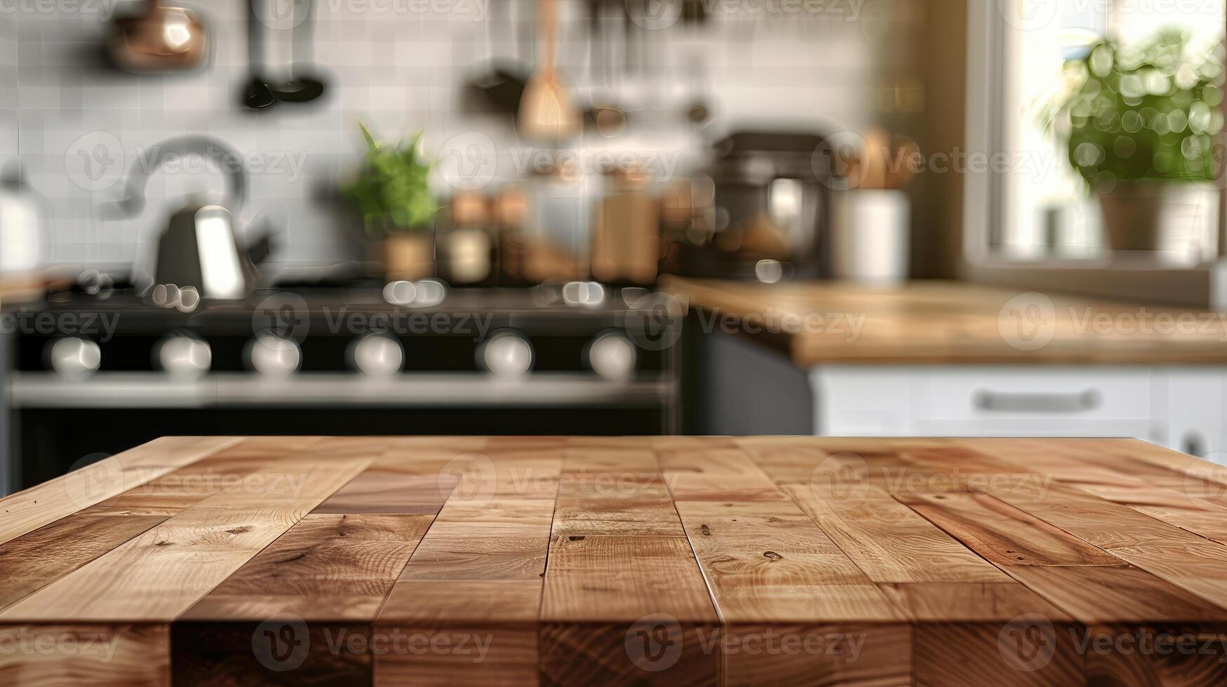 Wooden tabletop against blurred kitchen background for product mockups and display montages. photo