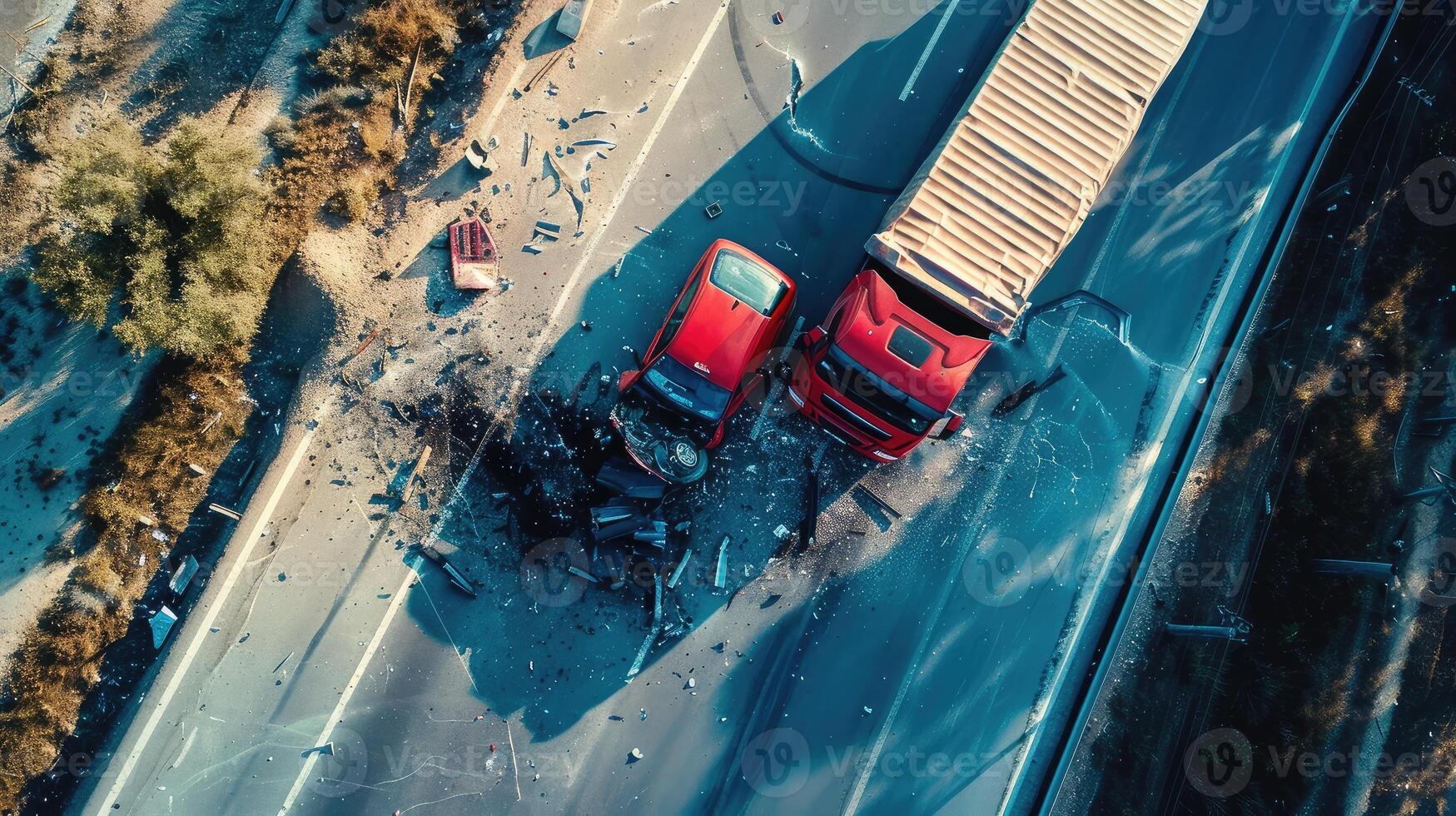 High angle view of dangerous car accident on road, truck, top view of collision. photo