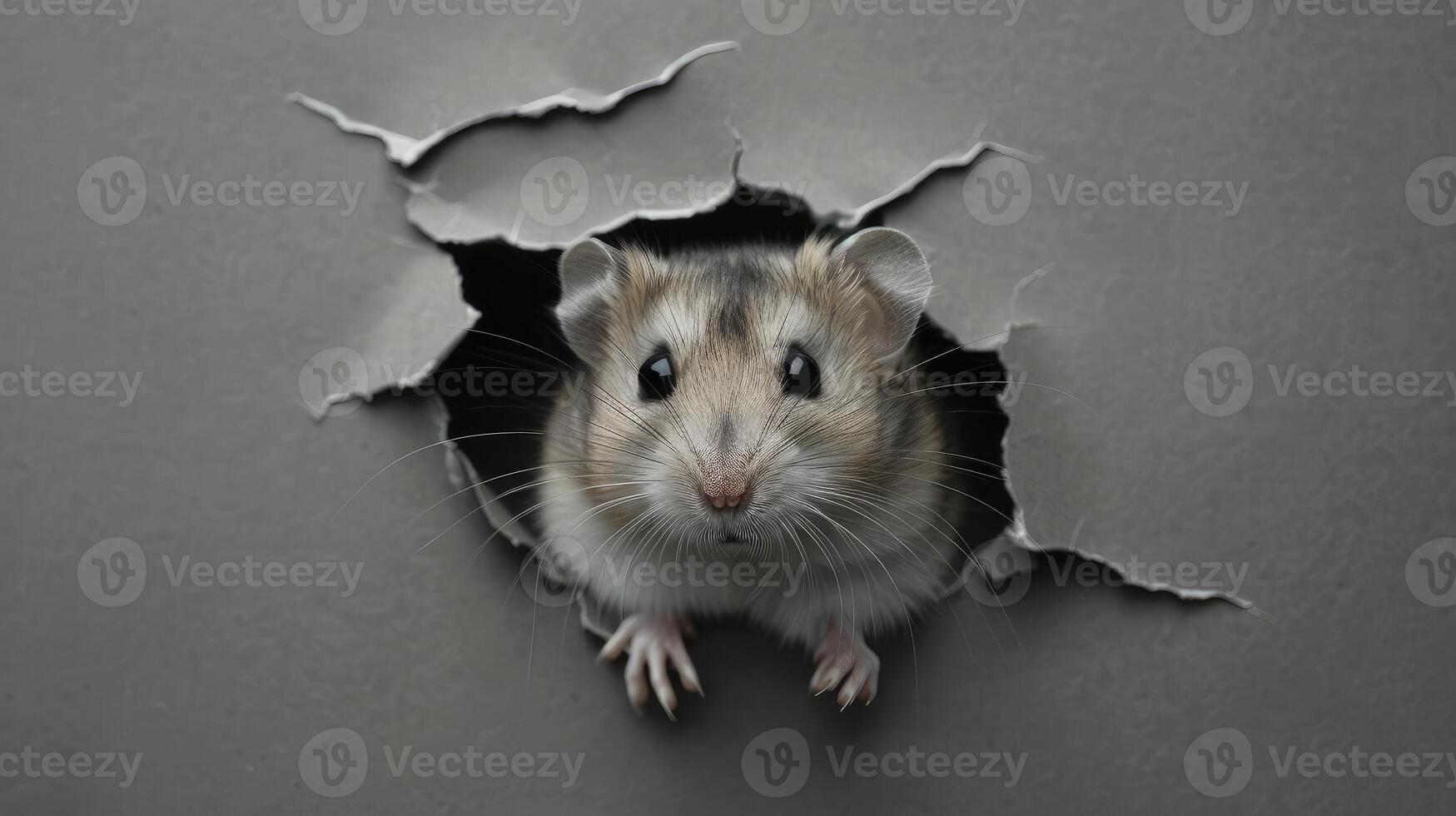 a pensive hamster emerging from a tear in gray paper. looks out of the gap photo