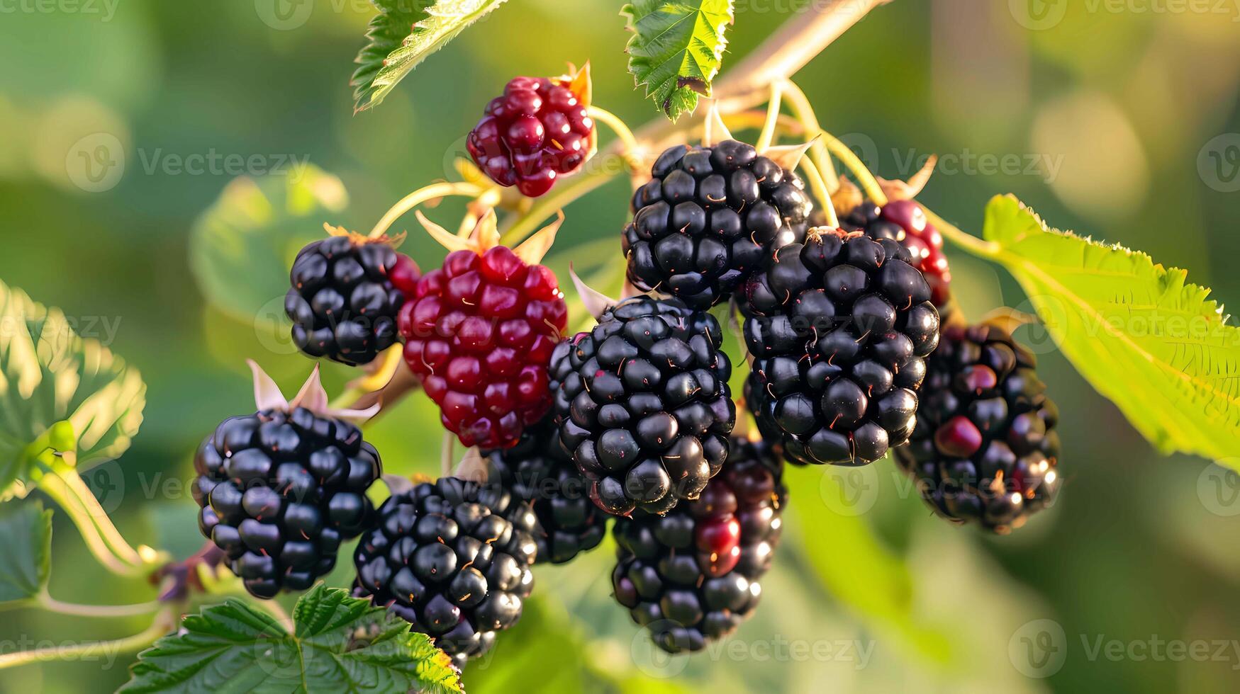 A bunch of ripe blackberry fruits on a branch with green leaves. close-up photo
