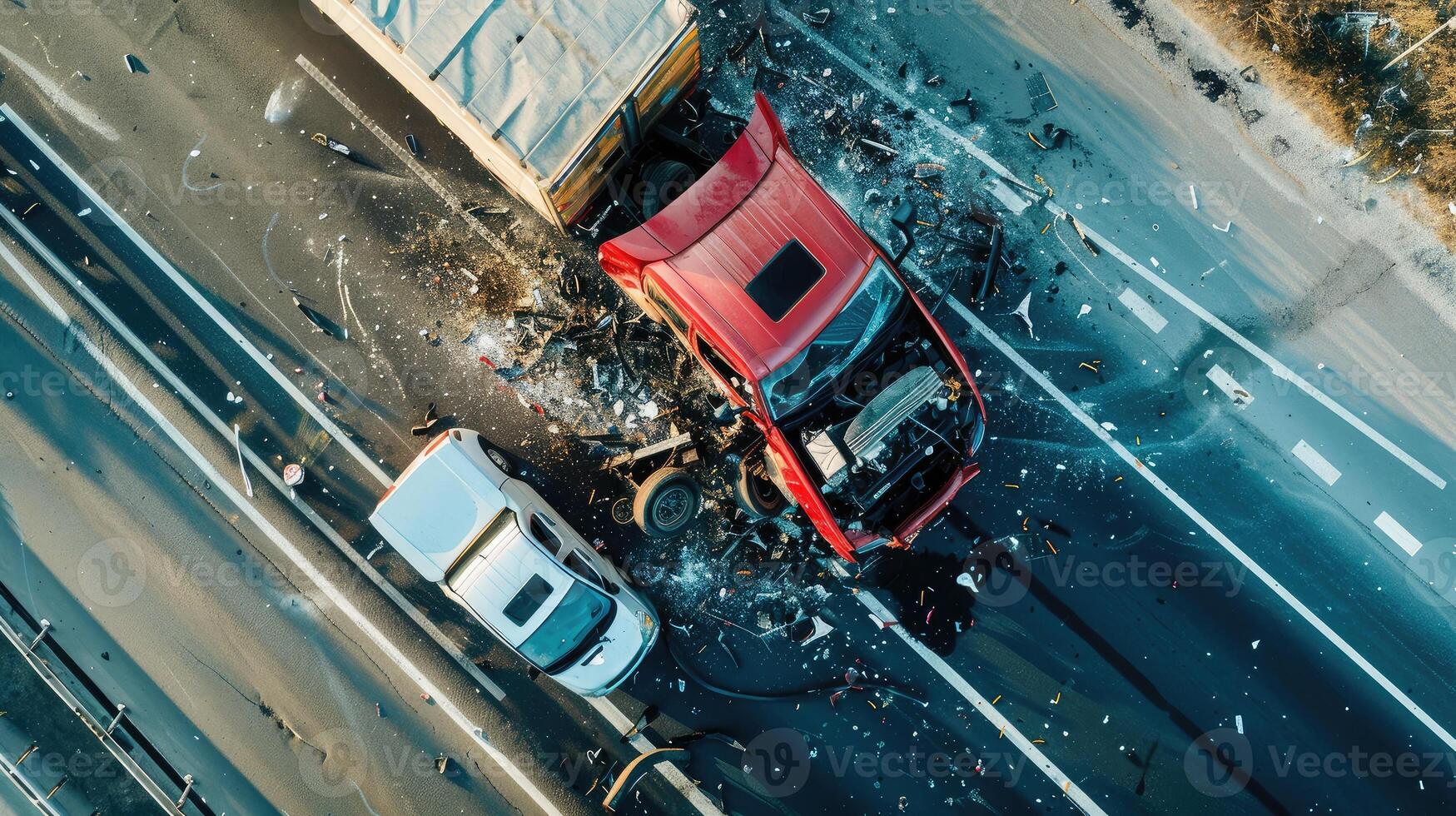High angle view of dangerous car accident on road, truck, top view of collision. photo