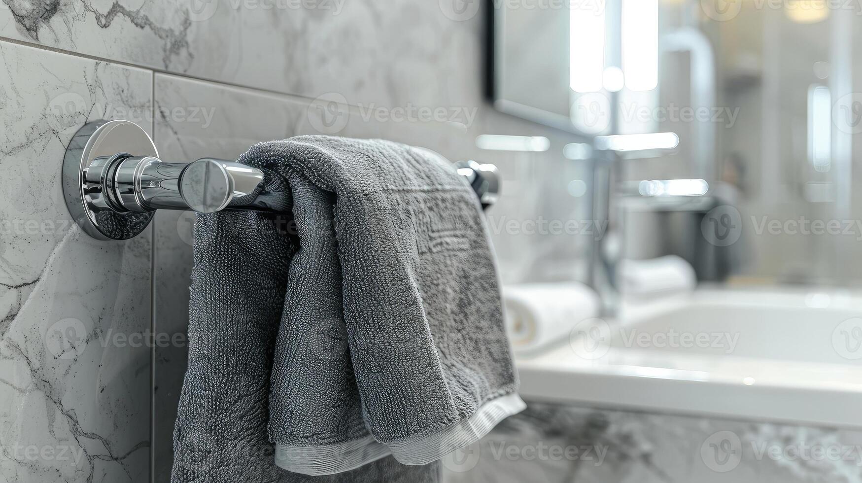 Close-up of Heated Rail with gray Towels in Bathroom with copy space. Modern heated towel rail on wall in a serene bathroom setting. photo