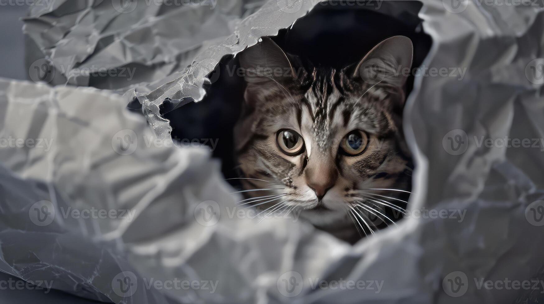 Cat in hole of gray paper, little tabby cat getting out through the craft background, funny pet. photo