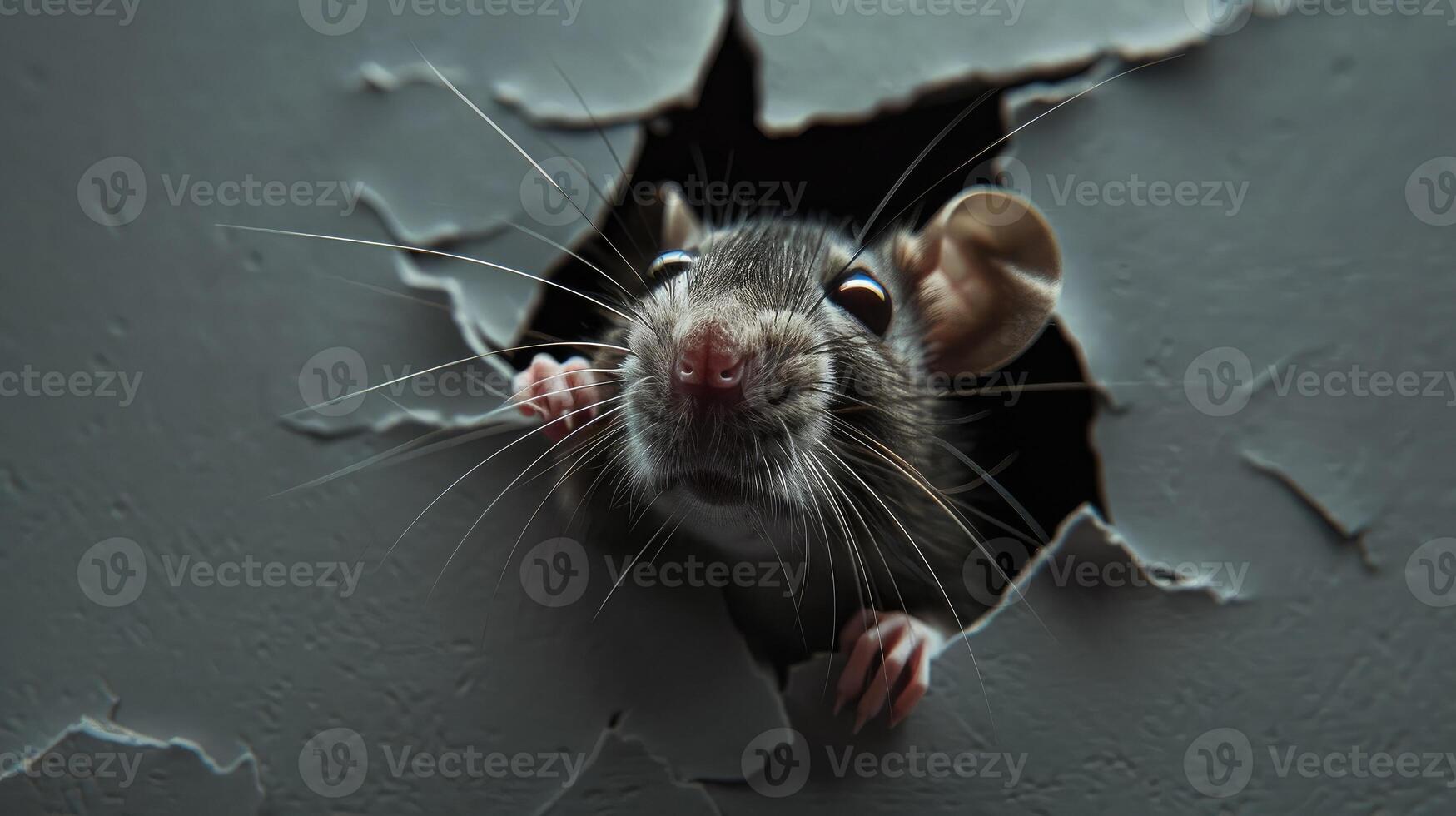 Rat in the hole of gray paper, little rodent crawls out through the craft background, funny animal. photo