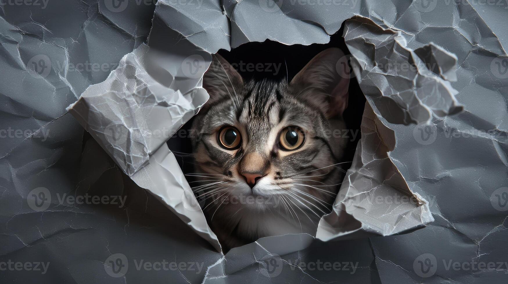 Cat in hole of gray paper, little tabby cat getting out through the craft background, funny pet. photo