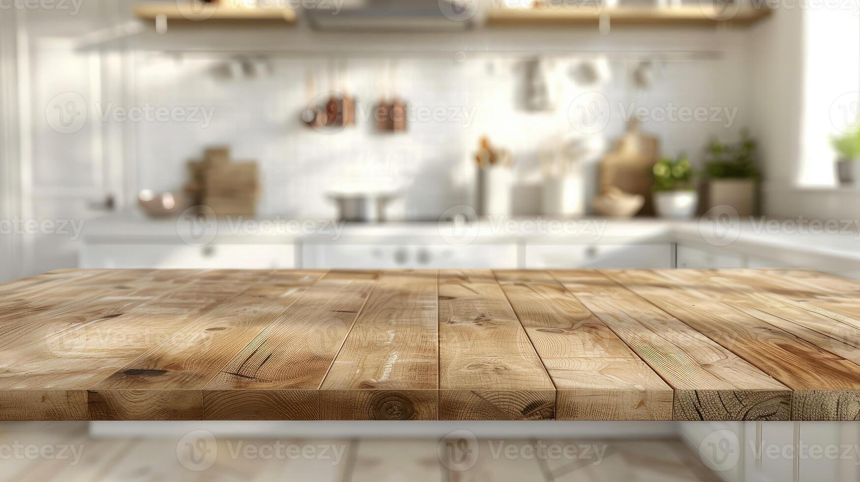 Wooden tabletop against blurred kitchen background for product mockups and display montages on scandinavian style photo