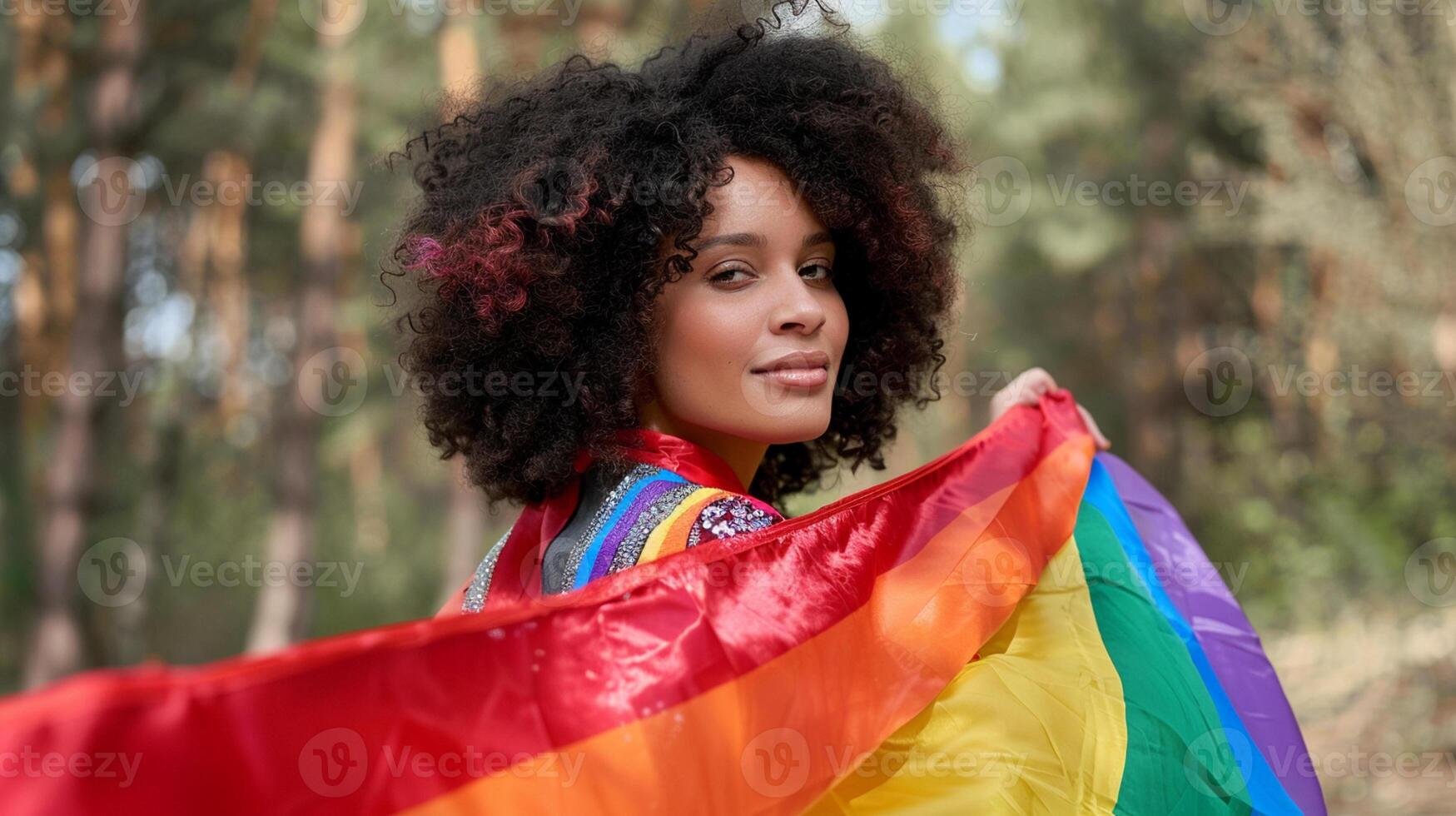 woman carrying flag of LGBT rainbow symbol and looking at camera in green city park. photo