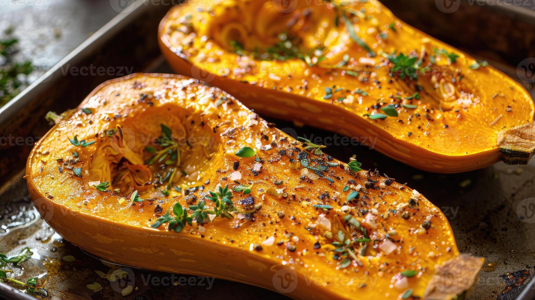 Roasted butternut squash halves. Close-up culinary photography photo