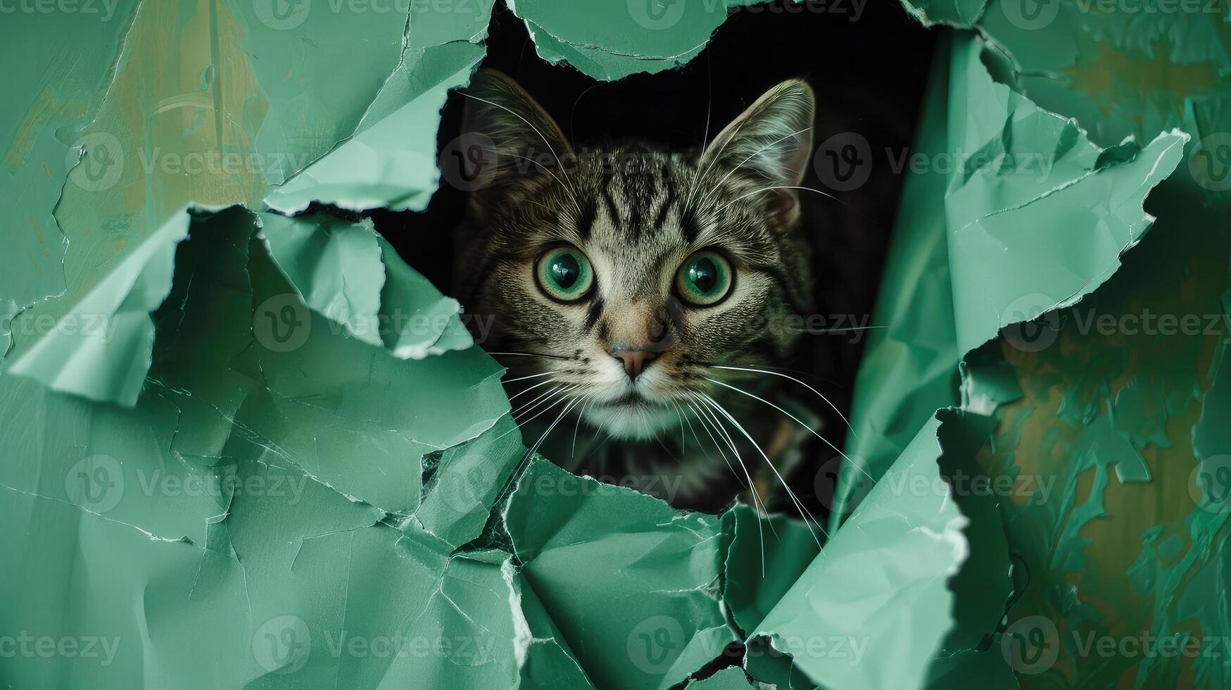 Cat in hole of green paper, little tabby cat getting out through the craft background, funny pet. photo