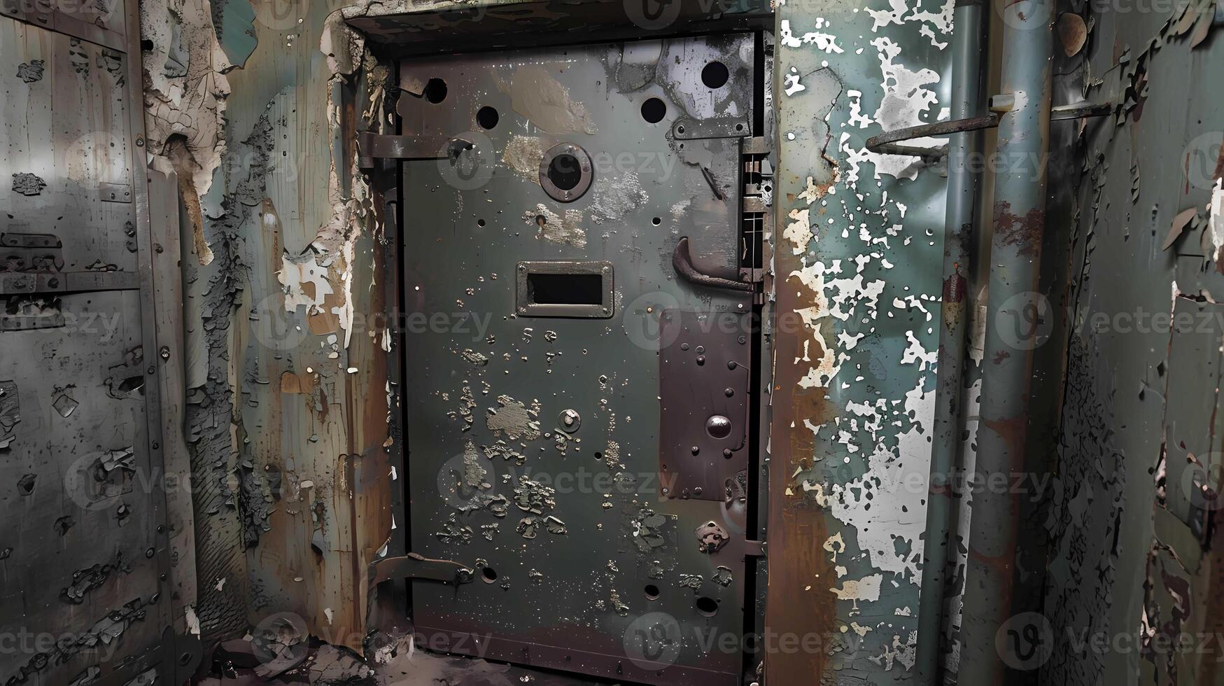 Steel armored hermetic door in the Soviet bomb shelter photo
