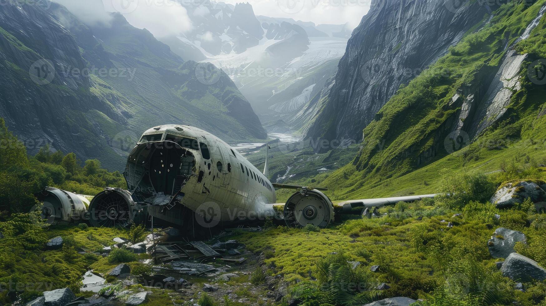 Plane Crash, passenger jet, crash site in mountains. On the top of a mountain. A tragedy. photo