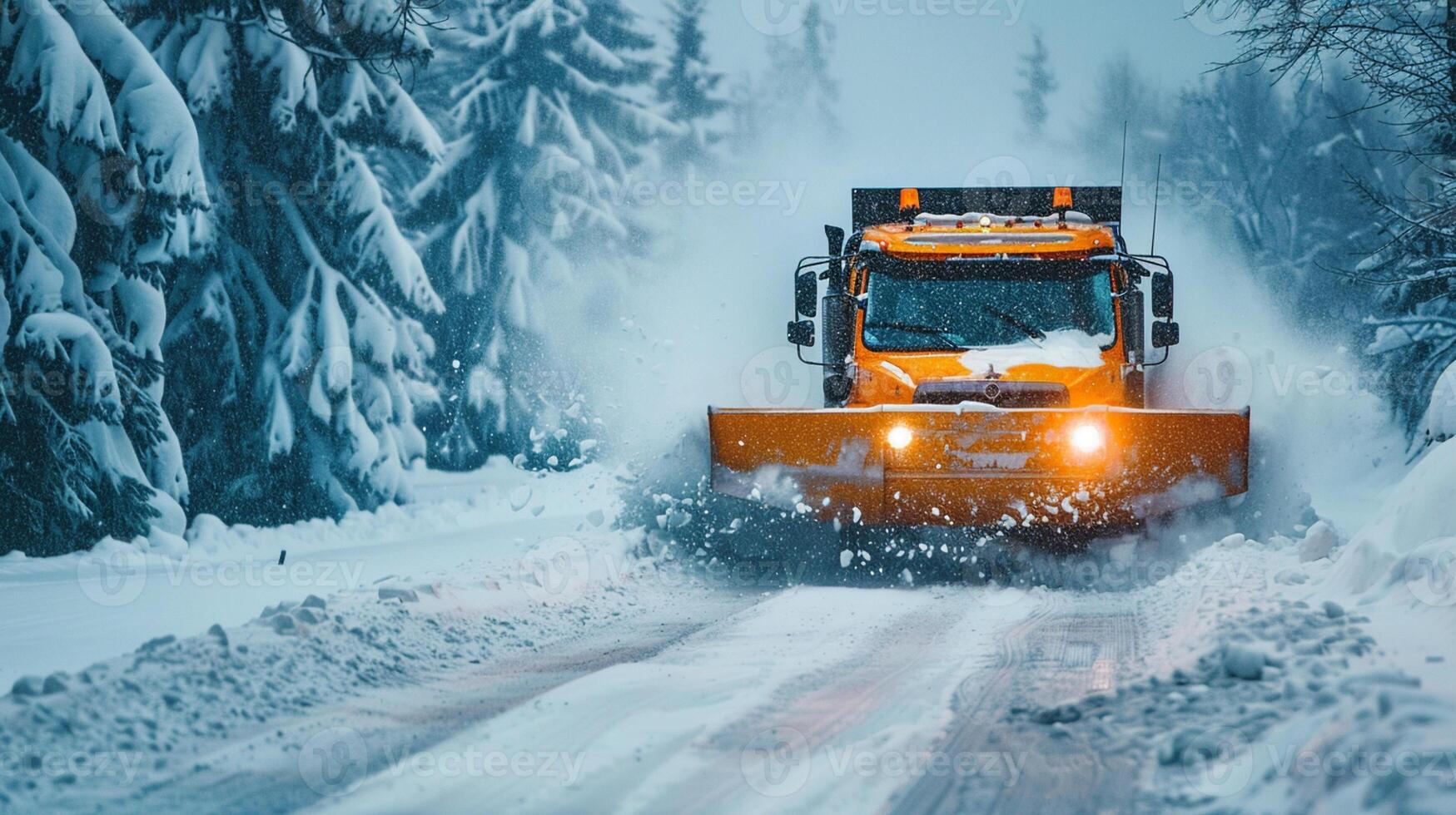 yellow snowplow truck removing snow photo