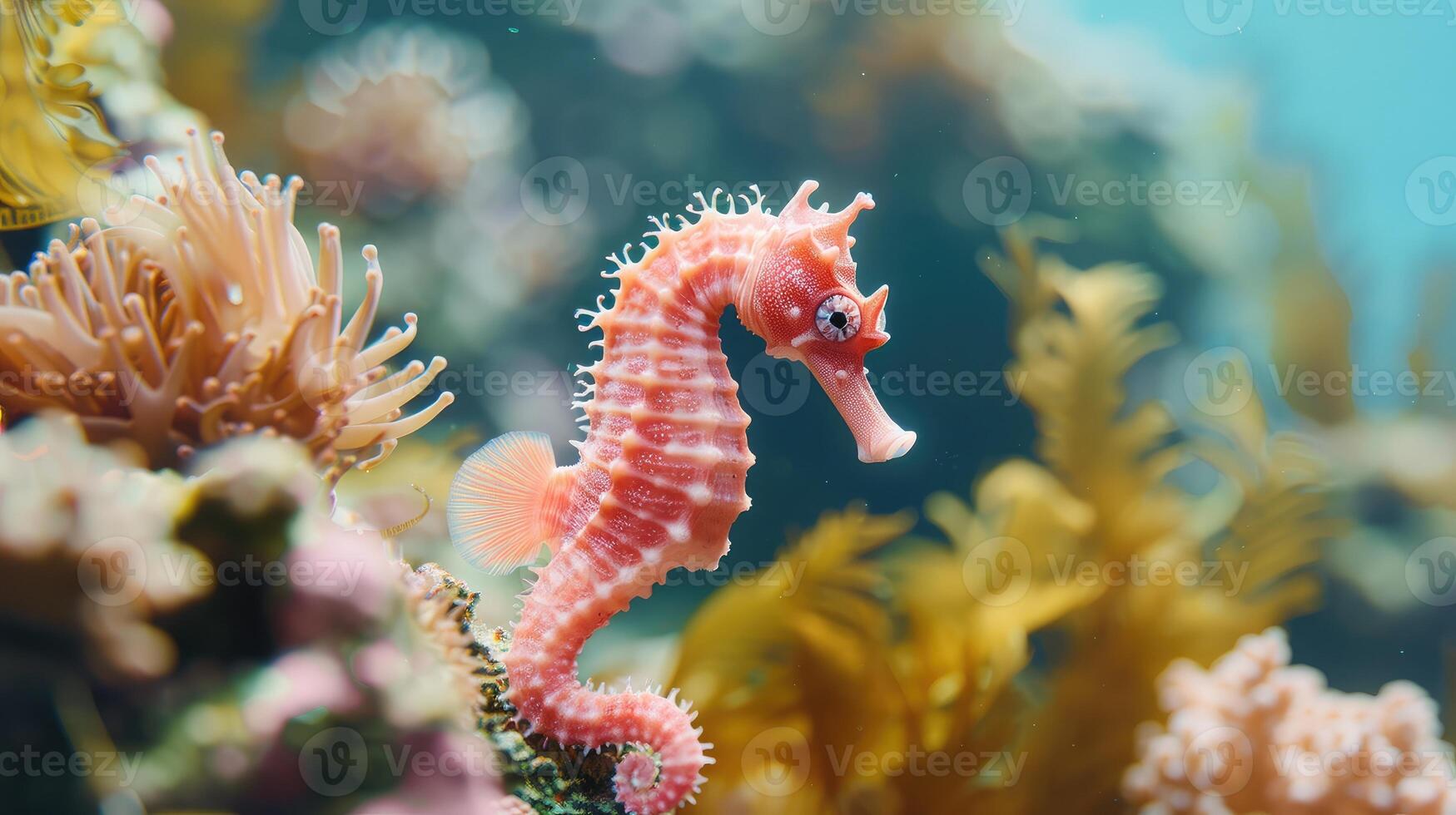 small pink seahorse in on a background of corals and algae photo