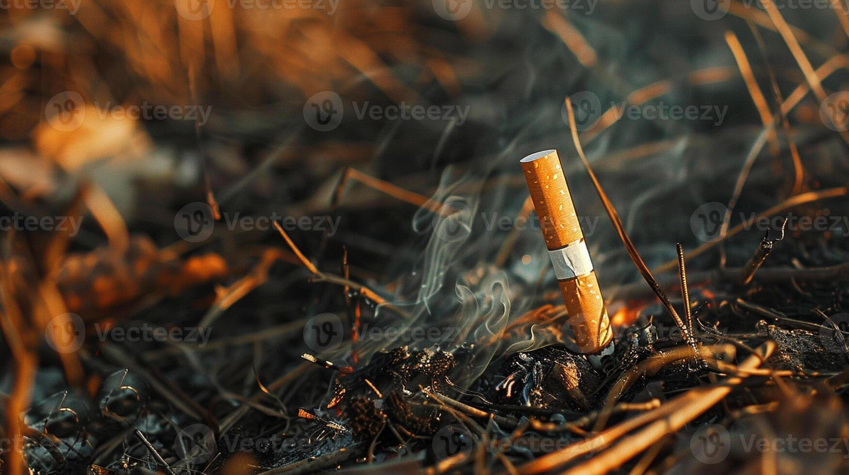 Close up cigarette butt non-smoked carelessly are thrown into dry grass on the ground causing a dangerous forest fire photo