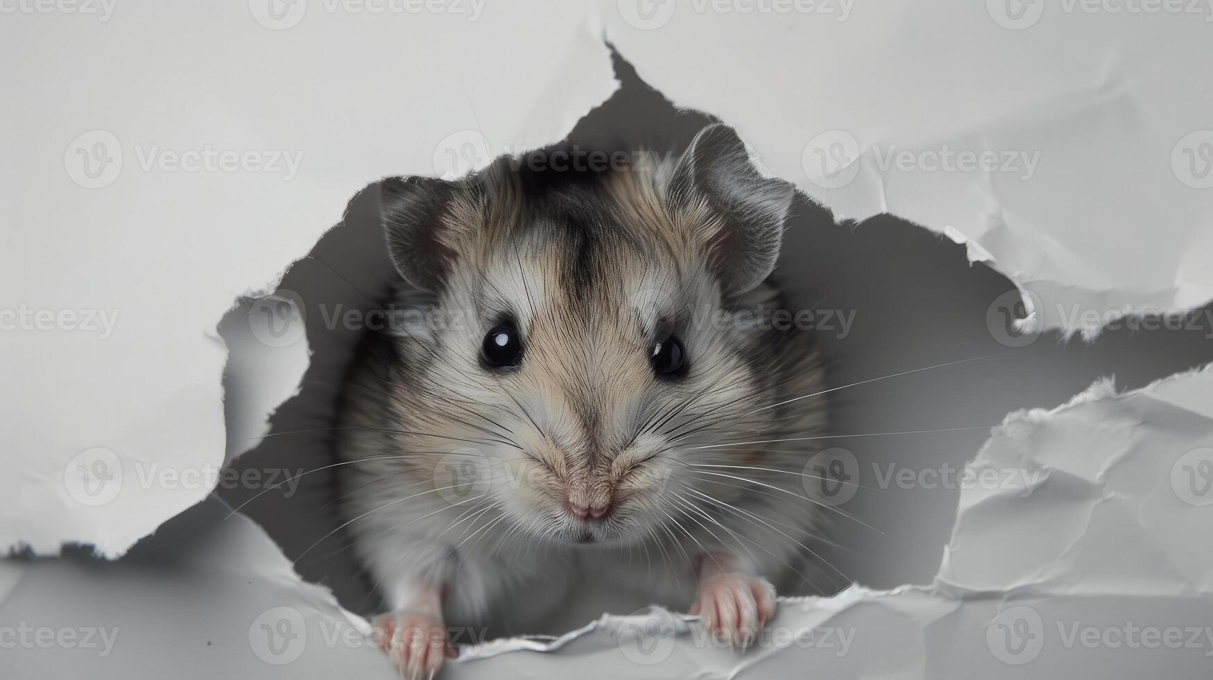 a pensive hamster emerging from a tear in gray paper. looks out of the gap photo