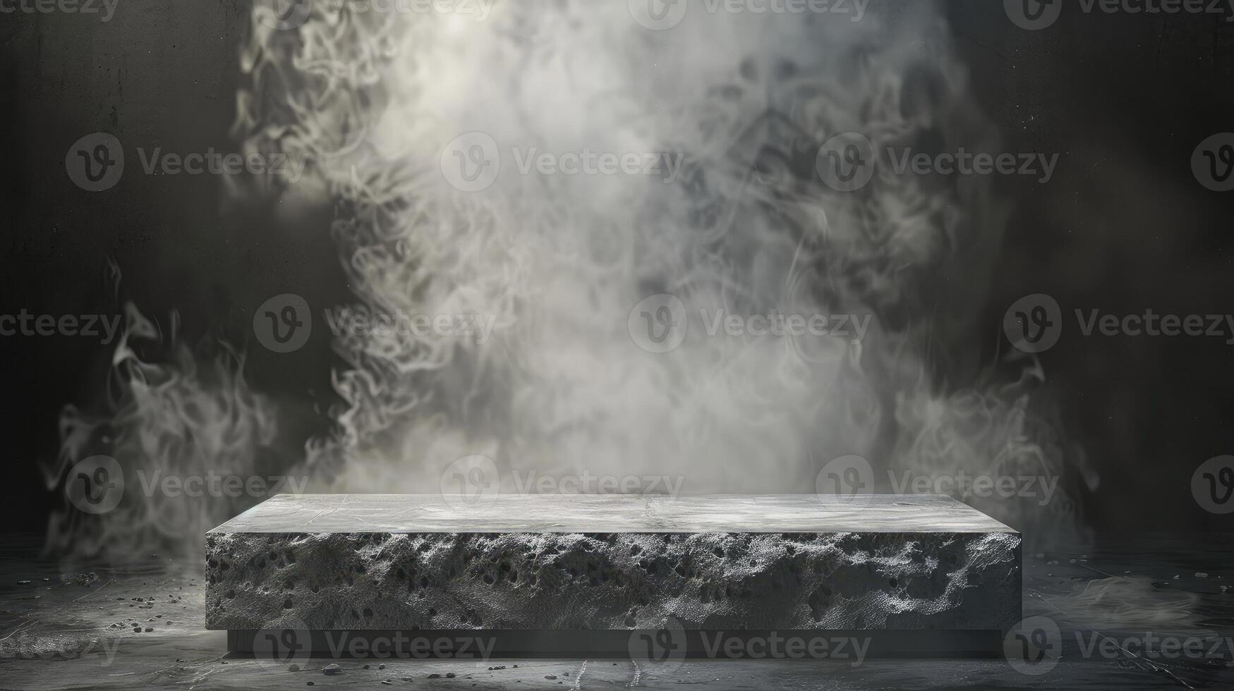 Gray textured concrete platform, podium or table with smoke in the dark. photo