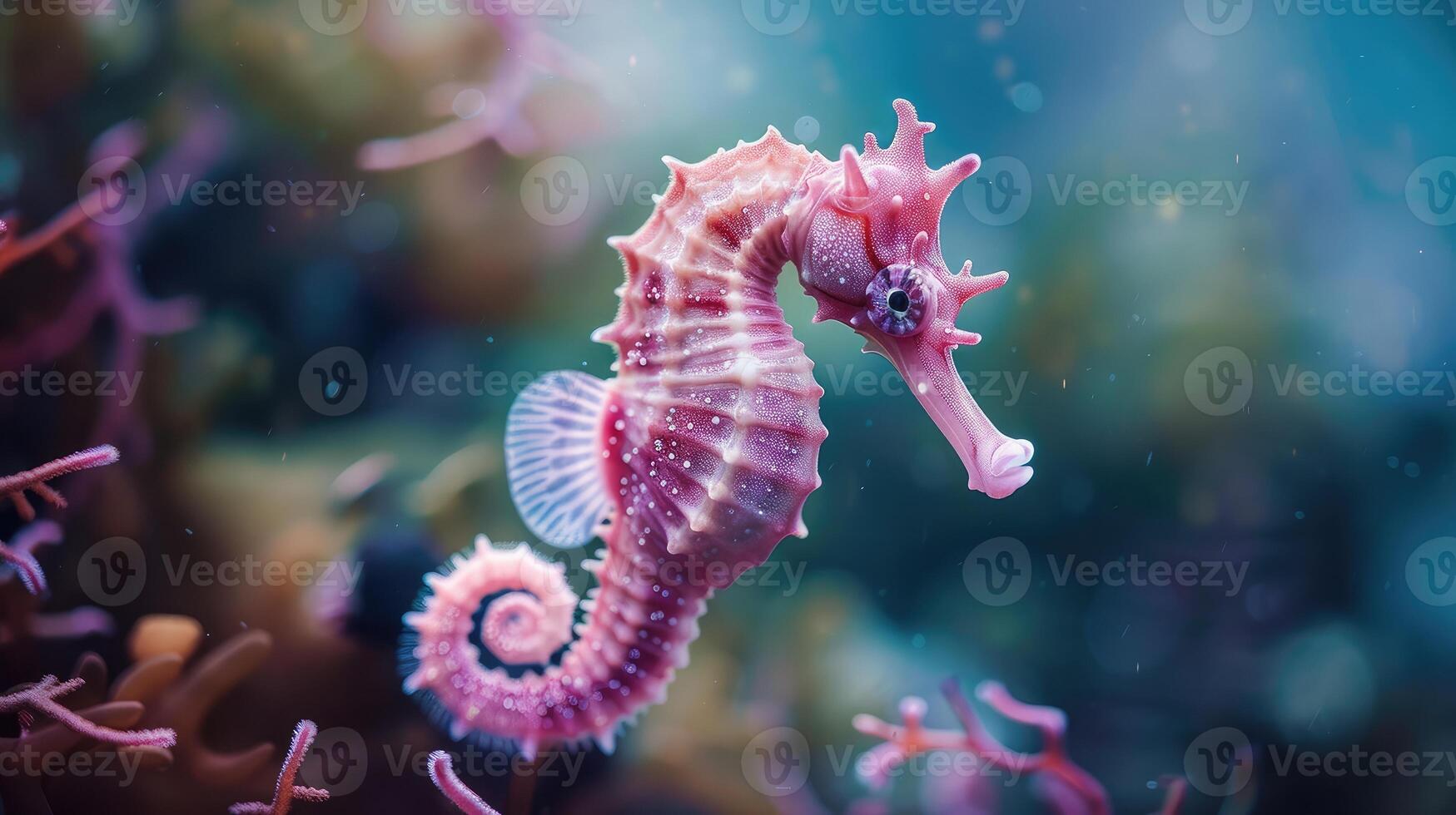 small pink seahorse in on a background of corals and algae photo