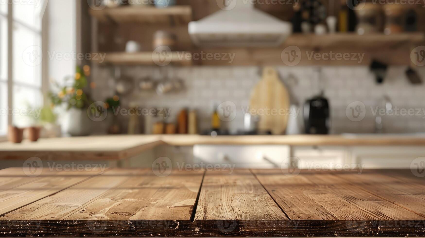 Wooden tabletop against blurred kitchen background for product mockups and display montages on scandinavian style photo