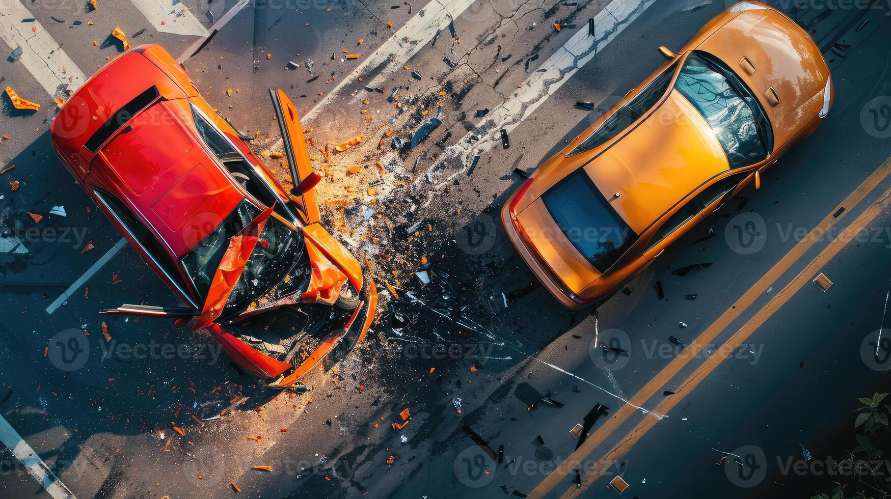 High angle view of a dangerous car crash incident on the road, top view collision. photo