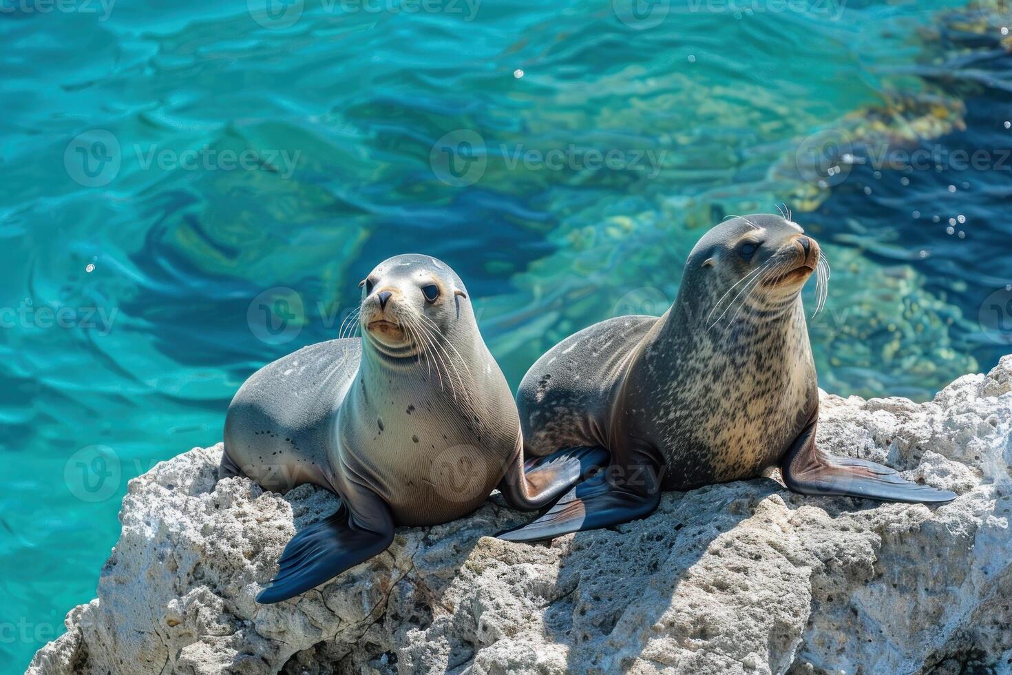 Two sea lions are sitting on a rock in the ocean photo
