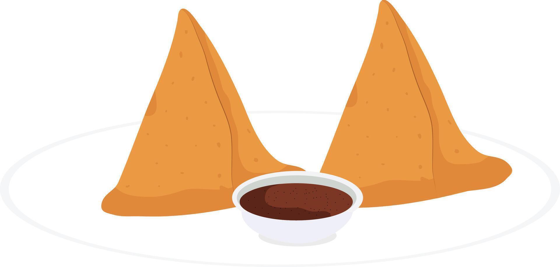 Indian street food Samosa illustration, Indian Snacks Samosa, Indian Food Plate of Samosa with chutney vector