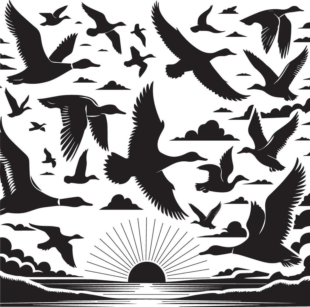 Duck flying silhouette set. duck flying illustration vector