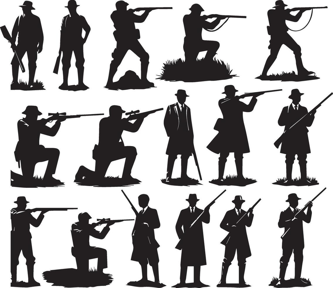 Hunting man silhouette set. Hunting man with gun vector