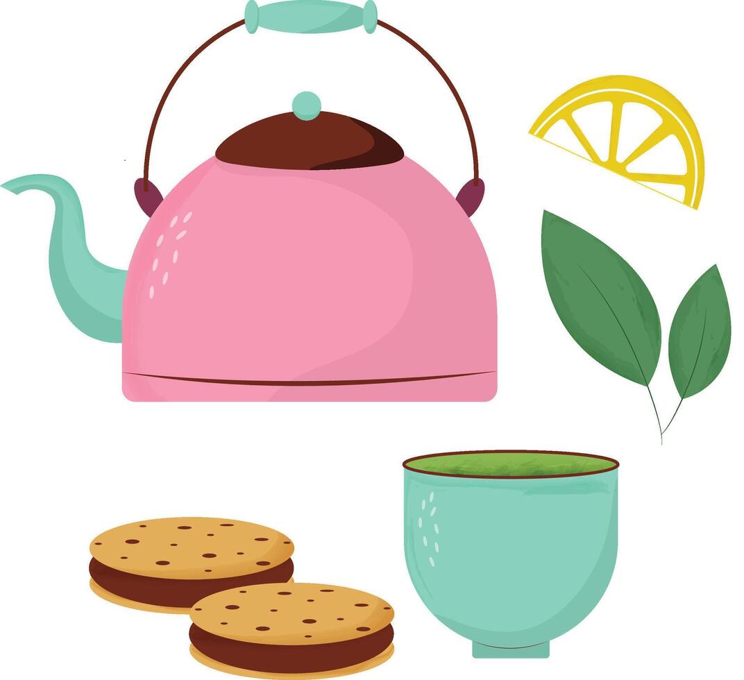 Set with pink cartoon teapot, cookies and cup of tea vector