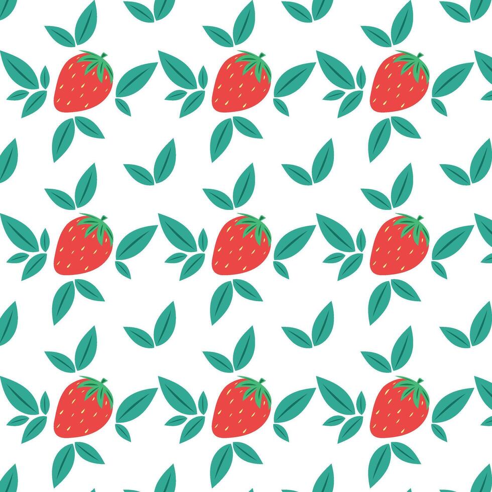 Strawberry with green leaves. Pattern with strawberry vector
