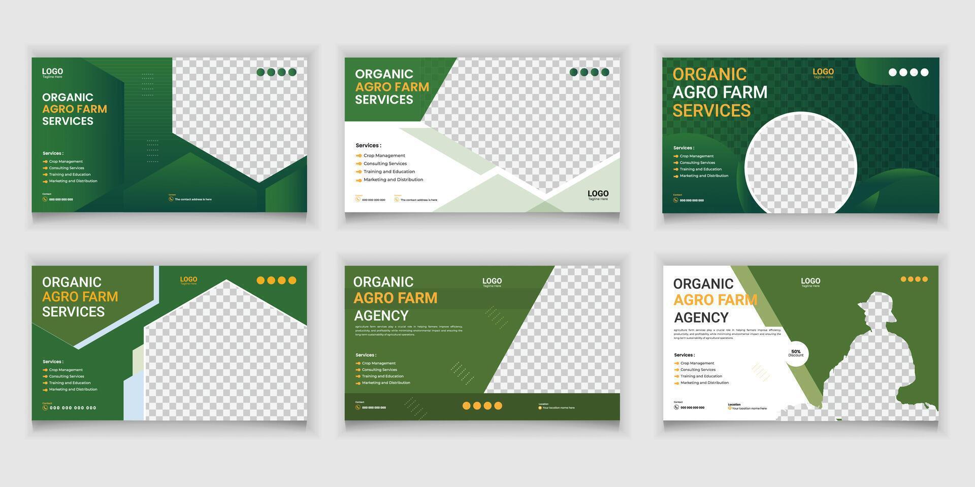 agricultura servicios y césped cuidado jardín cubrir enviar haz y web bandera conjunto miniatura diseños vector