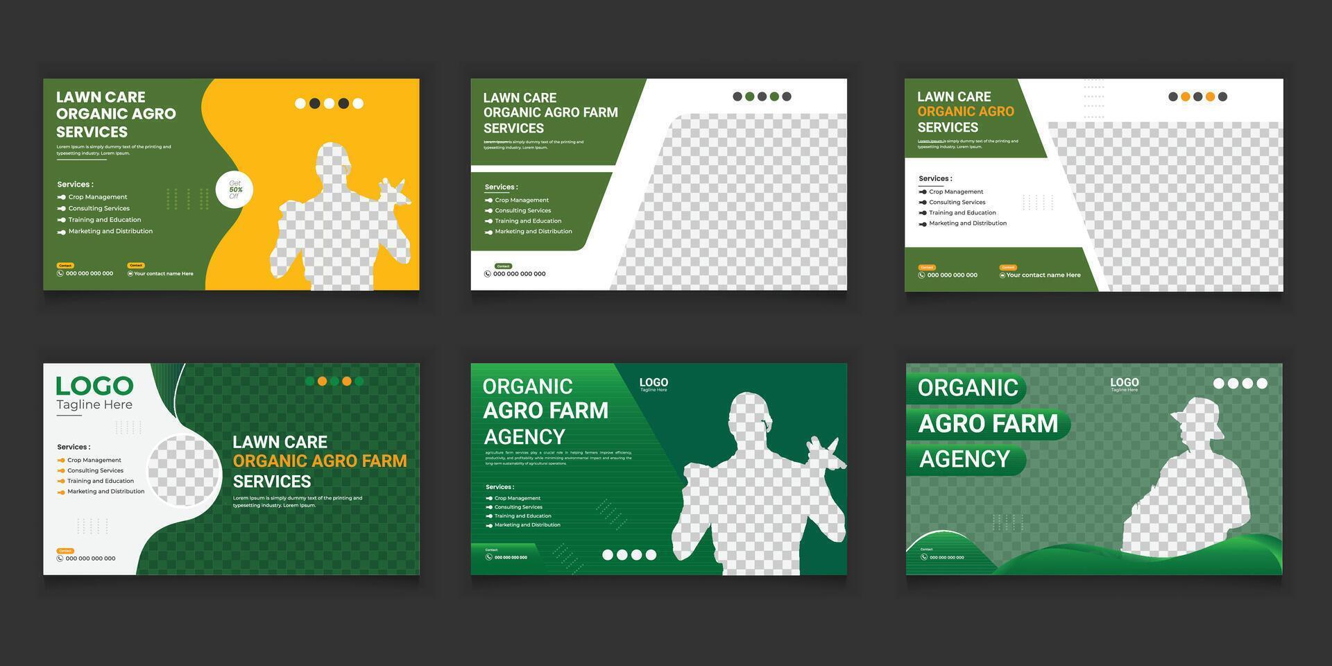 agricultura servicios y césped cuidado jardín cubrir enviar haz y web bandera conjunto miniatura diseños vector