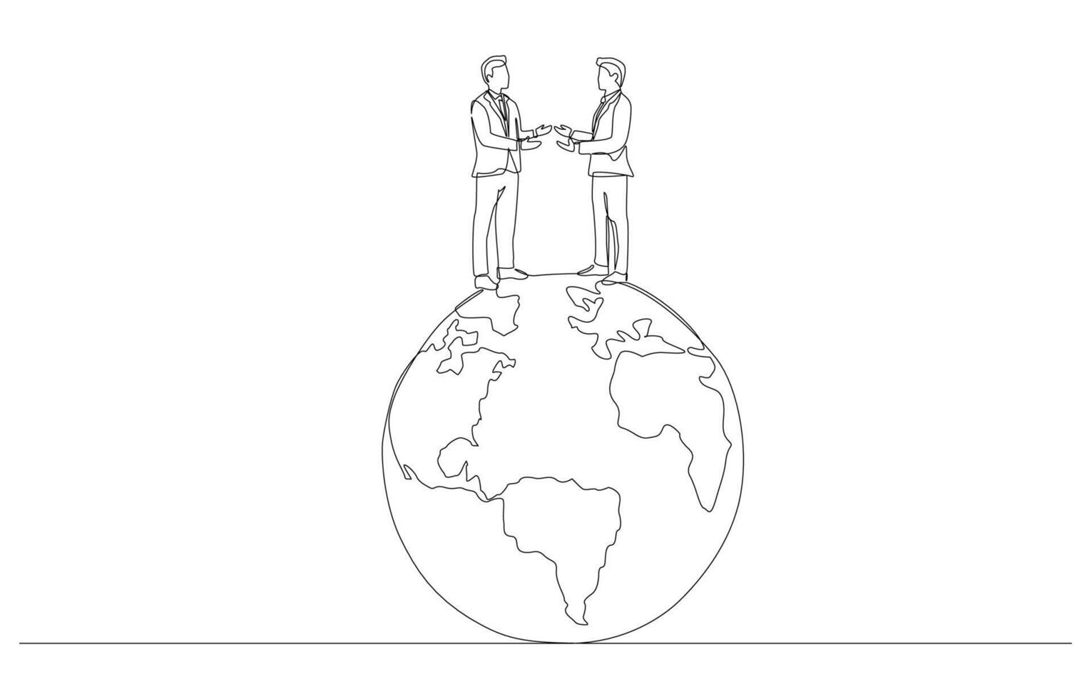 Continuous one line drawing of two businessmen standing on globe and arguing with each other, geopolitics concept, single line art. vector