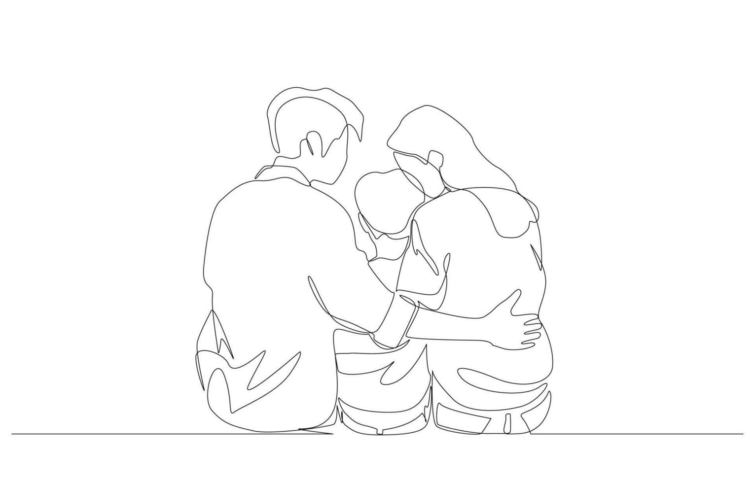 Continuous one line drawing of father and mother sitting and hugging son from rear view, parenting and family concept single line art. vector