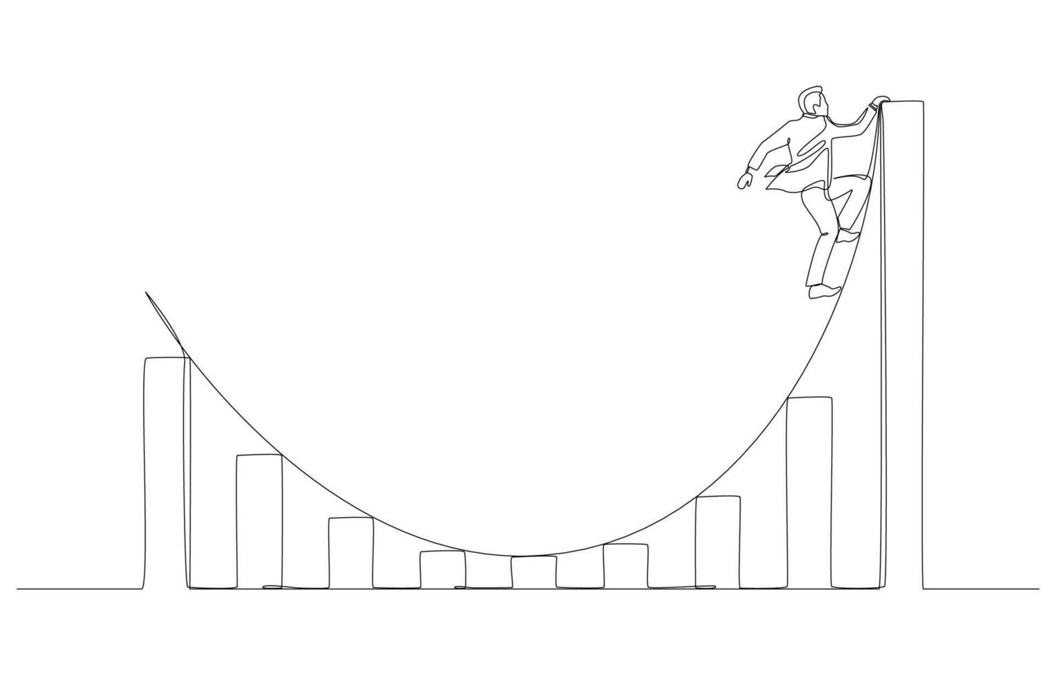 Continuous one line drawing of businessman climbing curve on recovery bar graph, business recovery concept, single line art. vector