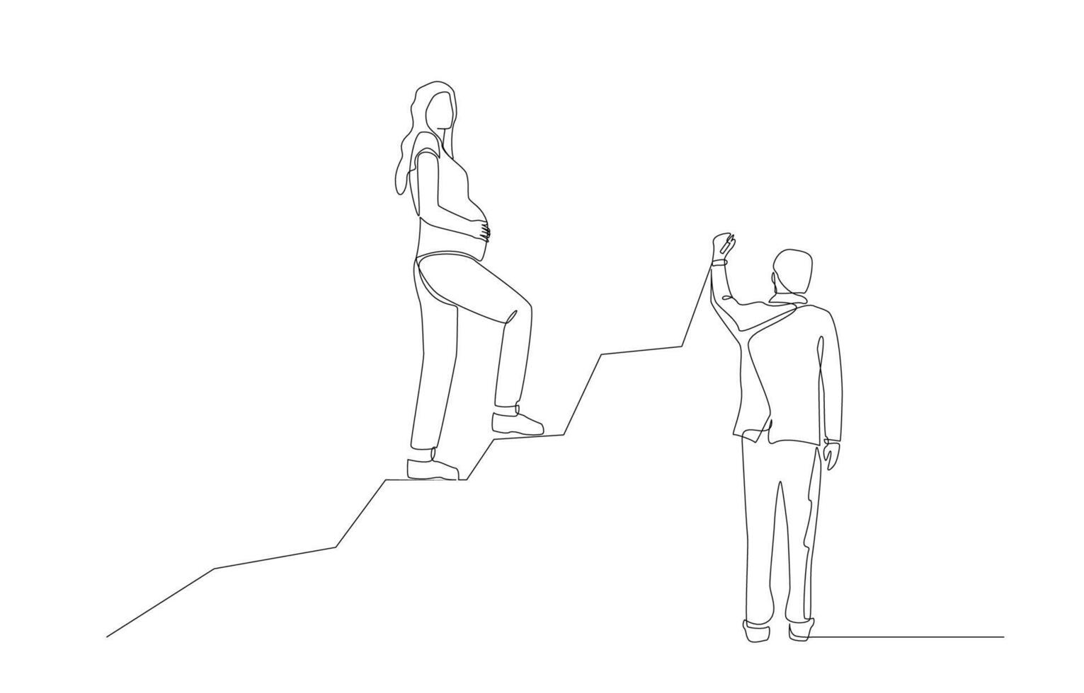 Continuous one line drawing of pregnant woman walking on uptrend graph drawn by businessman, government policies to increase fertility rate concept, single line art. vector