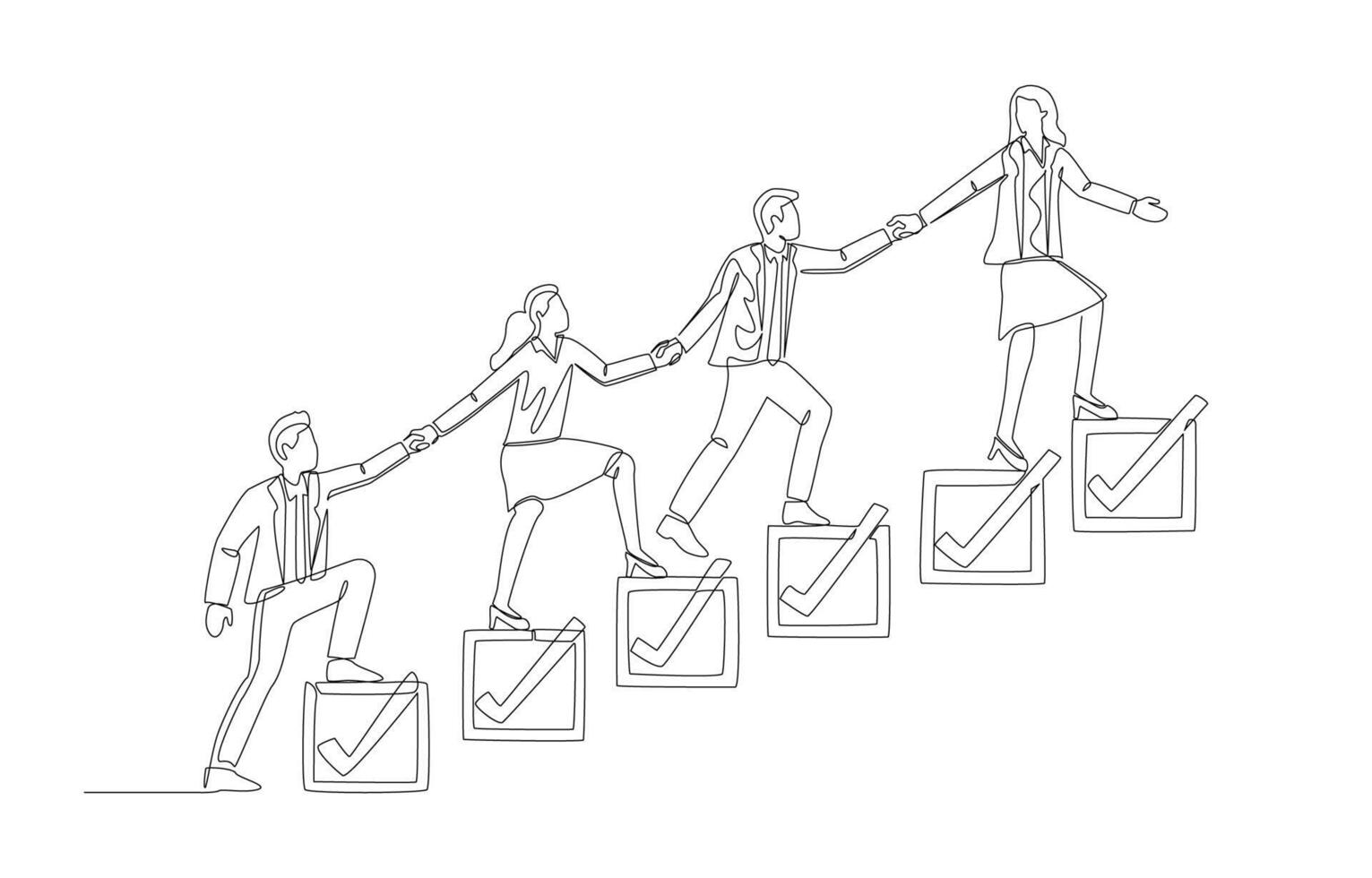Continuous one line drawing of colleagues holding hands and stepping up stairs of completed checkboxes, team project progress or team workflow concept, single line art. vector
