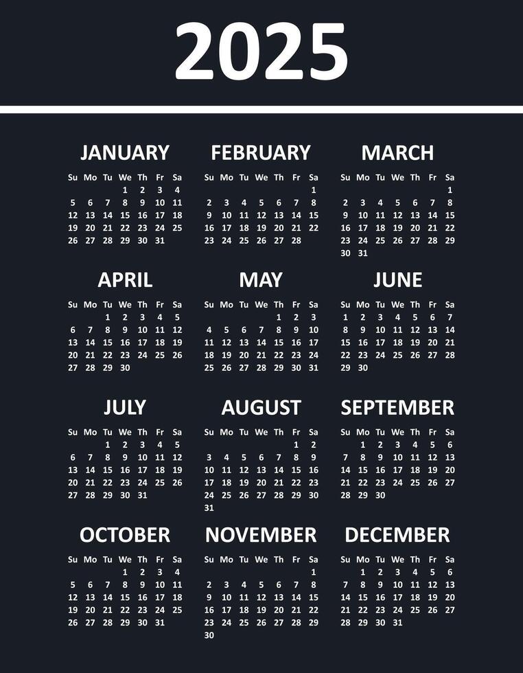 Calendar in a Minimalist Style for 2025 Year. Week Starts on Sunday. Business Calendar on Black Background, Template. vector