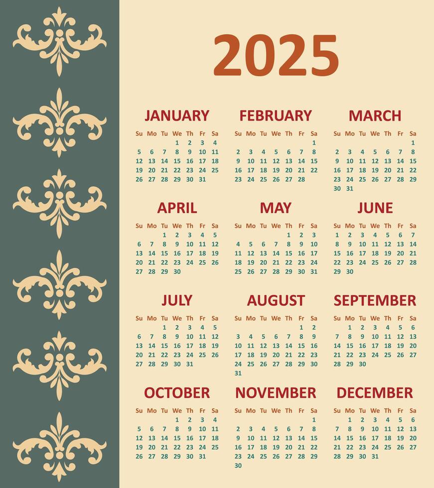 Calendar in a Minimalist Style for 2025 With Baroque Ornaments. The Week Starts on Sunday, Template. vector