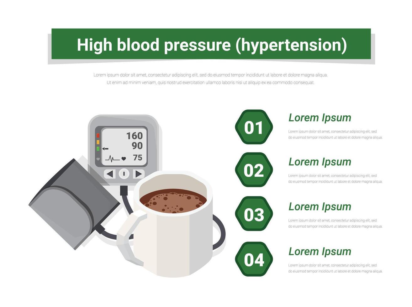 High blood pressure infographics elements with coffee, Medical infographics, Hypertension risk factors. health or healthy and medical. vector