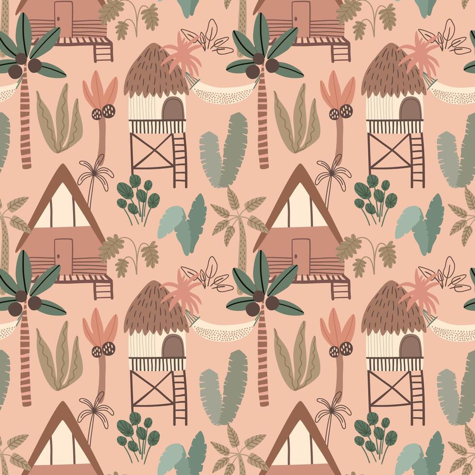 Pink jungle seamless pattern. Cute palm tree, big banana leaves, cabins, rainforest house hemlock. Summer print, wallpaper repeat background. Hand drawn tropical plants botanical textile design vector