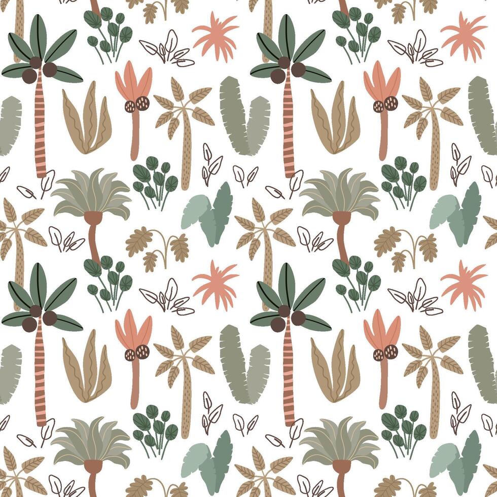 Cute palm tree, jungle seamless pattern. Cute big banana leaves coconut, rainforest design. Summer print, wallpaper repeat background. Hand drawn tropical plants botanical textile, wrap paper. vector