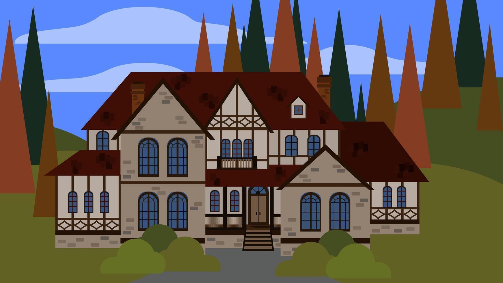 Large family house in Tudor style. Detailed flat illustration of an old traditional stone building. Beautiful cozy country estate in the woods. For a construction company, travel agency, rental. vector