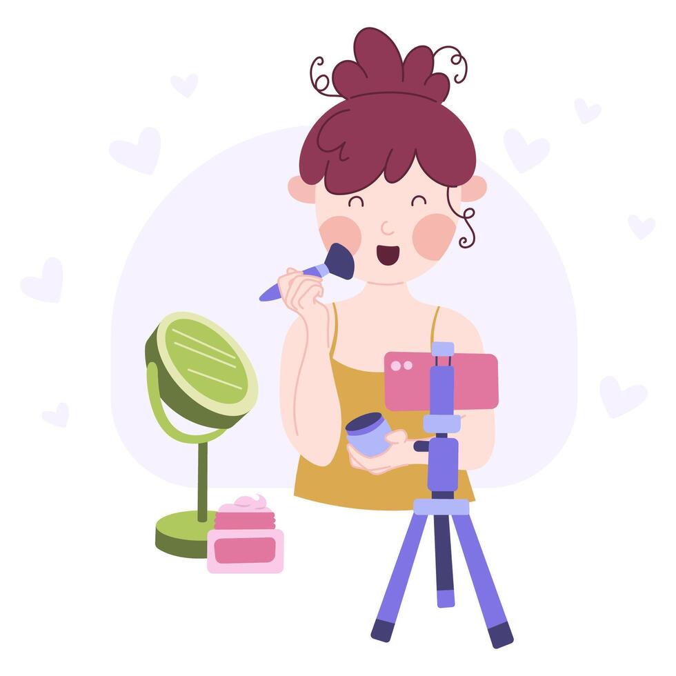 Beauty blogging concept. Recording makeup tutorial and cosmetics review. cartoon flat illustration. vector