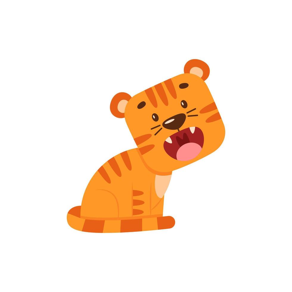 Cute little tiger growls sitting. Simple cartoon flat illustration vector