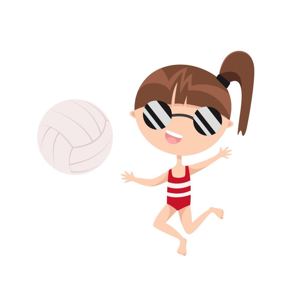 Cute little girl playing beach volleyball. Funny happy summer mascot character. Cool flat cartoon illustration about tropical sea vacation, weekend by the ocean, sports. A teenager catches a ball vector