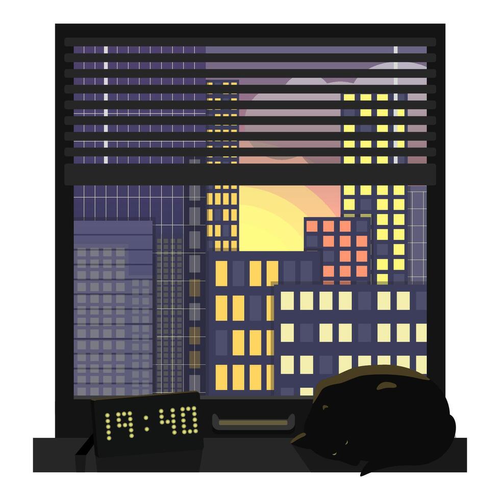 View of the big city through the window of the apartment. Evening landscape with skyscrapers and sunset. Silhouette of a black cat on the windowsill. Electronic clock indicates time. Design concept vector