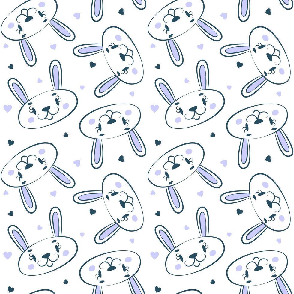 Cute blue seamless pattern with bunnies and hearts. Beautiful pastel print or ornament for nursery design. Baby background for wallpaper, bedding, clothes, album cover. Illustration for poster, card vector