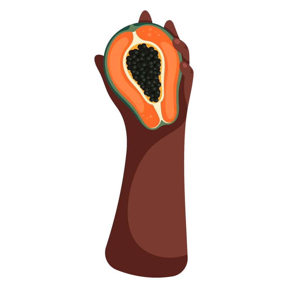 Papaya in hand. Ripe juicy fruit illustration. Bright cartoon flat clipart vector