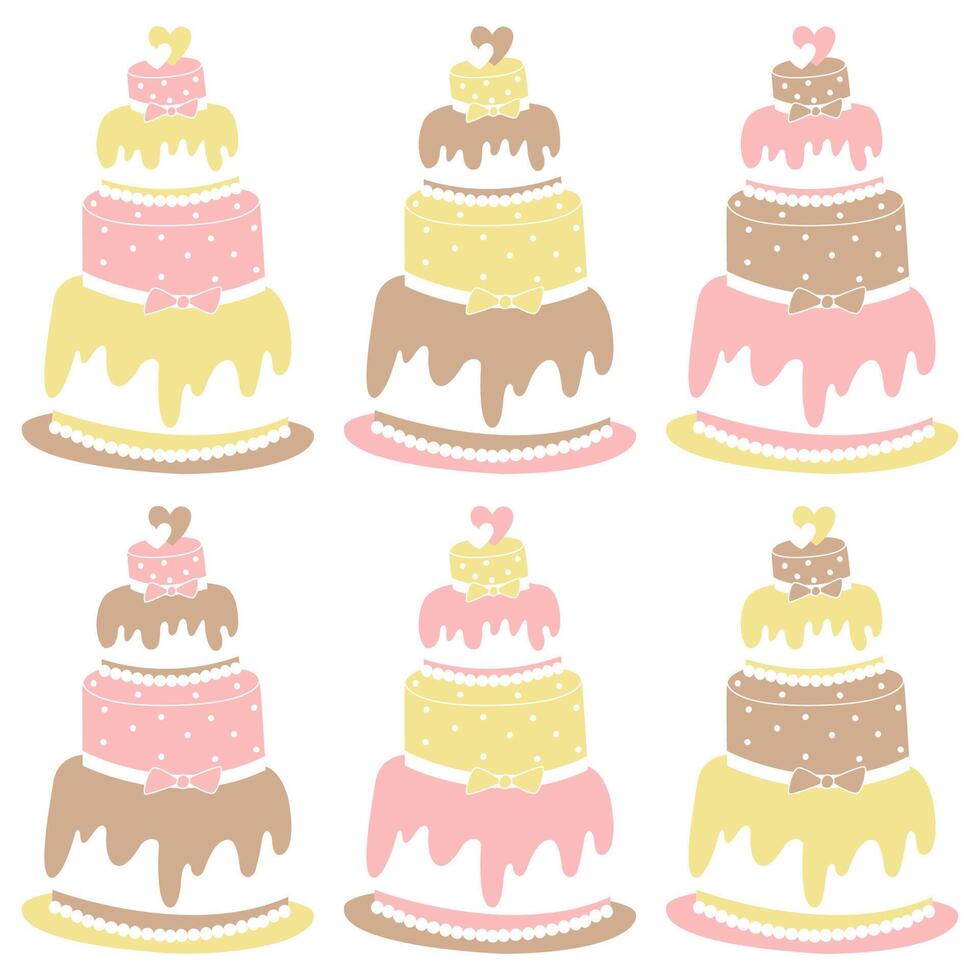 Set of beautiful and delicious tall wedding cakes. Images for logo, labels, signs. Clipart for invitation or greeting card design. Funny and cute print for dishes, stationery, clothes. Branding bakery vector