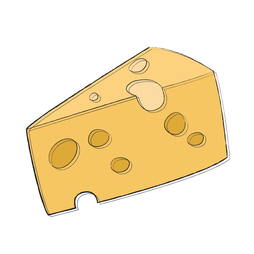 Golden yellow triangular piece of royal cheese with large holes. Linear flat food icon with filling. Illustration for packaging, logo, sticker, store design, banner, price tag, brochure, catalog. vector